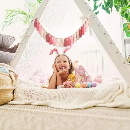 Pink Yarn Tassel Garland Boho Preppy Wall Hanging Decor Bunting Banner Tassels with Wood Bead for Nursery Classroom Office Birthday Party Baby Shower Kids Girls Dorm Bedroom Decorations {4}