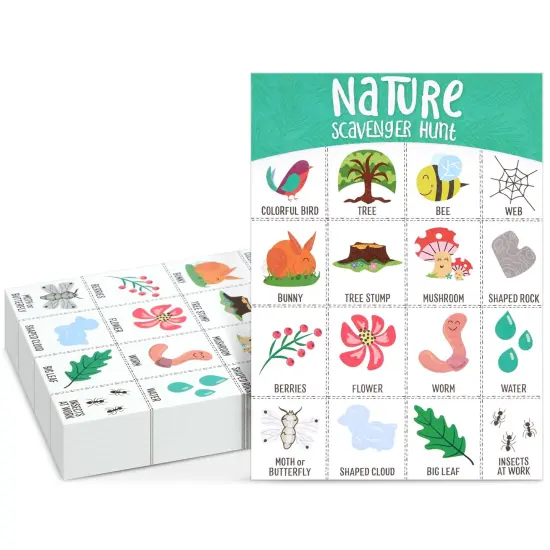 Juvale 50 Pack Nature Themed Scavenger Hunt Cards for Kids Ages 3-14, Outdoor Find and Seek Camping Game {1}