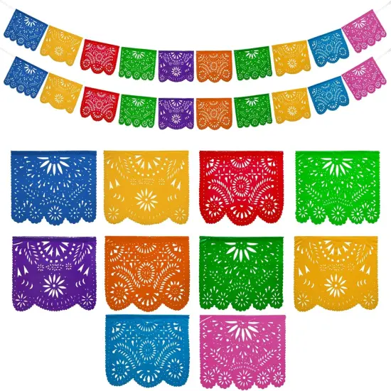 Mexican Party Banners (2 Pack with 10 Plastic Flags per Banner) - Papel Picado Mexicano Para Fiesta - Plastic Papel Picado - Fiesta Themed Party Decorations - Mexican Decor {1}