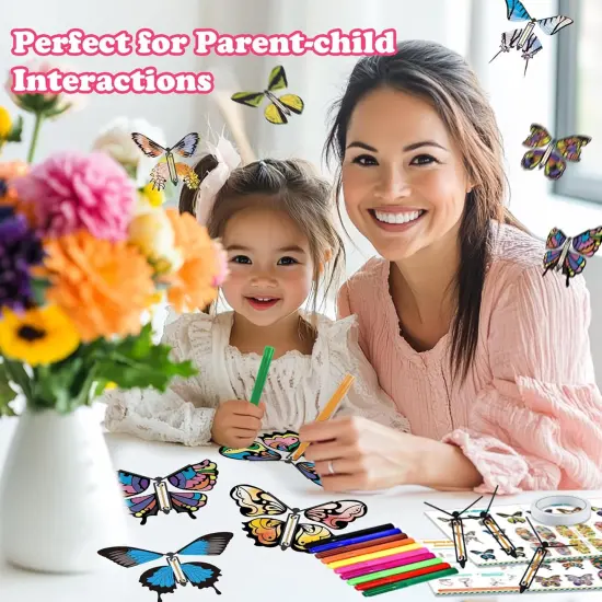 DIY Butterfly Activity Craft Kit for Kids, 16 Paper Butterflies and 13 Color Pens, Make Your Own Rubber Band Wind Up Butterfly Toy, Perfect for Party Games, School Activities, Surprise Cards {4}