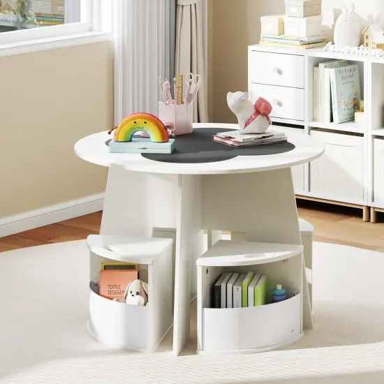 White 5 Pieces Kids Table Set with 4 Storage Stools ideal for Holding Toys, Books or Snacks {2}
