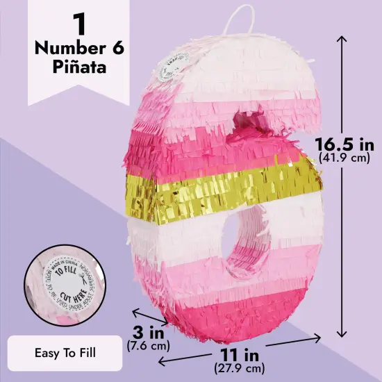 BLUE PANDA Number 6 Pinata, Pink and Gold Foil for Kids Ages 3-14 Birthday Party Decoration, Fiesta, Anniversary Celebration, Small (16.5 x 11 In) {3}