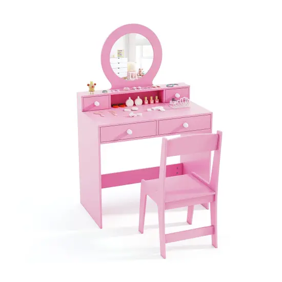 MDF Kids Vanity Set with Acrylic Mirror, Storage and Chair Pink {8}