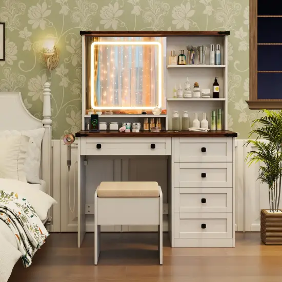 White and Dark Brown Makeup Vanity Table with 3-Color LED Mirror Storage Drawers and Stool {2}