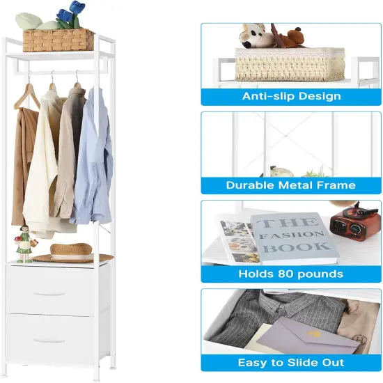 White Heavy Duty Garment Rack with 2 Fabric Drawers | 3-in-1 Freestanding Clothing Organizer | 80lb Capacity Steel Frame & X-Brace Stability {4}