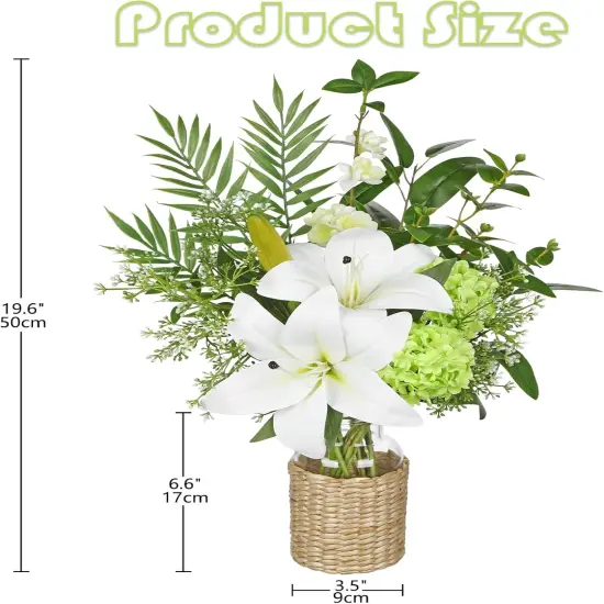 Fake Flowers with Vase, Easter Lily Flowers, White Silk Tiger Lily and Hydrangea Artificial Flowers in Vase, Faux Plants and Flowers Arrangement Bouquets for Table Centerpieces Home Decor {4}