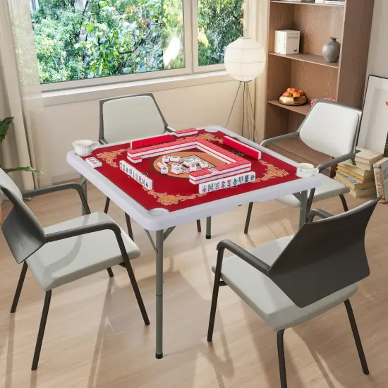 Portable Folding Mahjong Table with Cup Holders and Game Mat Red {3}