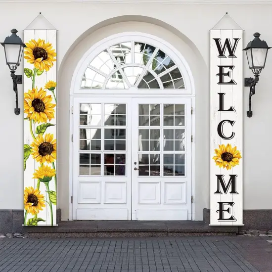 Sunflower Welcome Hanging Banners Spring Porch Banners Flags Summer Door Hanging Decorations for Front Door Garden Home Yard Sunflower Party Decorations(White Background) {5}
