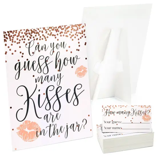 Guess How Many Kisses Bridal Shower Game for 60 Guests for Wedding (1 Rule Board, 60 Guessing Cards) Pink {1}