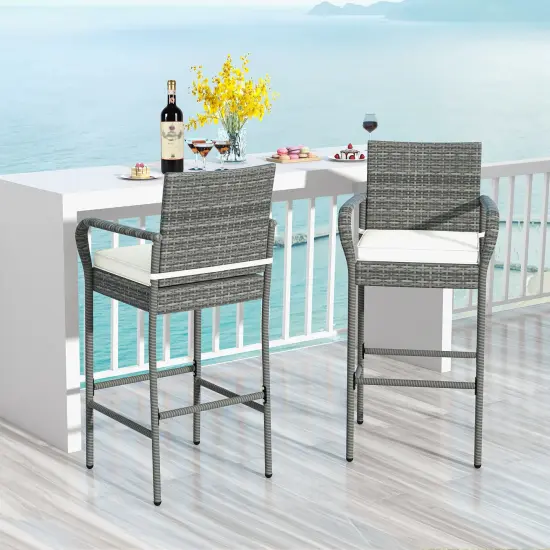 Set of 2 Patio Wicker Barstools with Armrests and Soft Cushions Ideal for Outdoor Use {2}