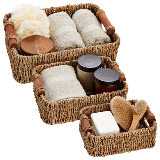 Set of 3 Small Wicker Baskets for Storage, Woven Nesting Bins with Handles for Bathroom Towels and Toilet Paper Organization, Closet, Shelf, Kitchen (3 Assorted Sizes) Brown {1}