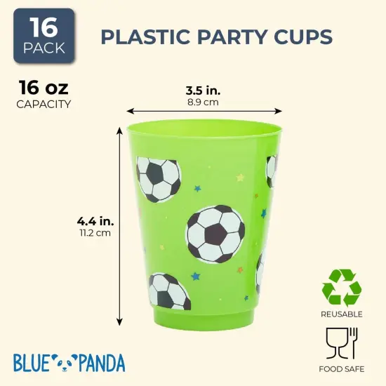 16 Pack Plastic Soccer Cups for Kids, Sports Party Favors for Birthday Party Supplies (16 oz) Multicolor {2}
