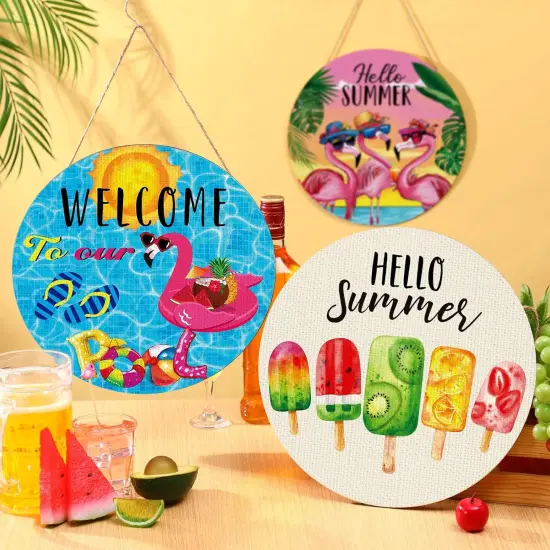 3 Pcs Hello Summer Door Sign 12 Inch Summer Wooden Welcome Sign Front Decoration Flamingo Swimming Pool Ice Cream Door Hanger for Home Porch Holiday Hanging Decor {3}