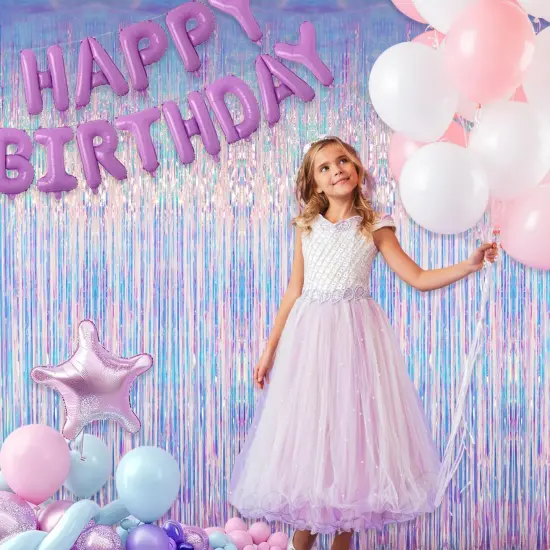 6.4 ft x 6.5 ft Metallic Tinsel Foil Fringe Curtains,Pack of 2 Party Streamer Backdrop for Mermaid Birthday Party Decorations(Neon Blue) {4}