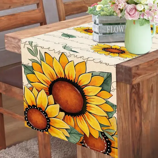 Spring Summer Sunflower Table Runner, Fall Autumn Floral Flower Kitchen Dining Table Decoration, Seasonal Burlap Indoor Outdoor Home Decor Party Supply 13 x 72 Inches {5}