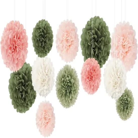 Bridal Shower Decorations, 12 PCS Pink Moss Sage Green Tissue Paper Pom Poms Paper Flowers for Boho Neutral Baby Shower Wedding Engagement Birthday Spring Summer Party Decorations {1}