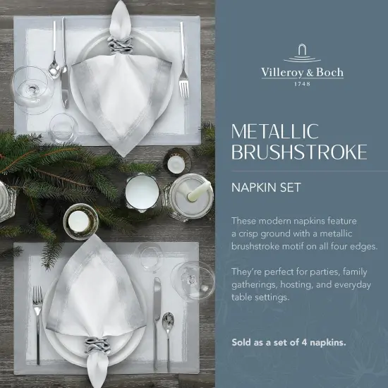 Linen Metallic Brushstroke Napkins, 21 Inches x 21 Inches, Set of 4, White and Silver {2}