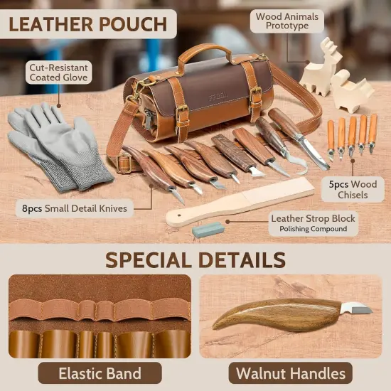 Wood Carving Tools Kit 20Pcs - Whittling Knife Set with Animal Wood Carving Blocks for Beginners, Woodworking Tools Gifts for Kids & Adults with Cut-Resistant Gloves & Large Leather Case {3}