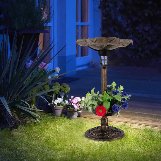 Solar Bird Bath with Lotus Leaf Bowl, Planter and Weatherproof Lamp Bronze {2}