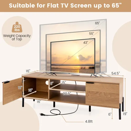 Natural Wood TV Stand with Charging Station, Storage, Metal Legs and Cable Management {5}