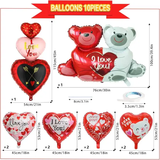 Balloons I Love You Balloons Mylar Red Heart Love-Bear Foil Valentine for Valentines Day Decorations Anniversary Wedding - Pack of 10 {2}