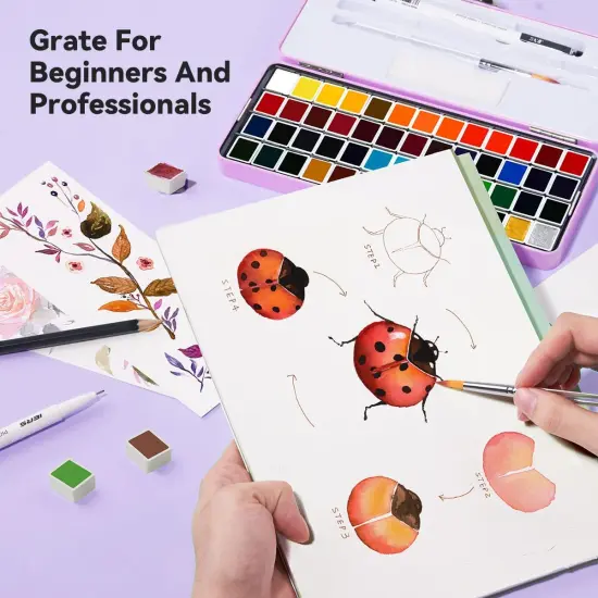 Watercolor Paint Set 52 Colors in Half Pans with Drawing Pencil, Paint Brushes, 5 Watercolor Paper, Sponge, Black Drawing Pens, Art Supplies for Adults Travel Watercolor & Purple Box {3}