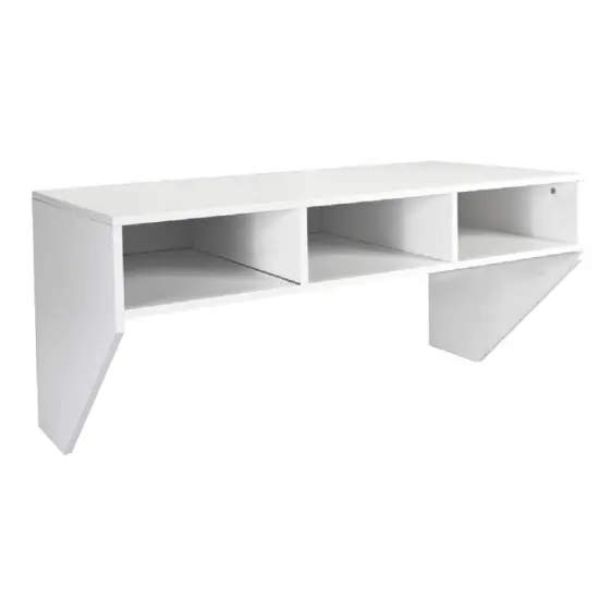 Wall Mounted Floating Sturdy Computer Table with Storage Shelf and Three Compartments Below Desk White {2}