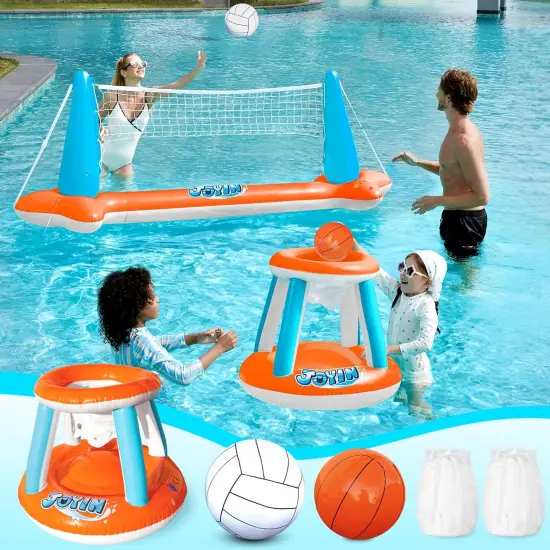 Inflatable Pool Float Set Volleyball Net & Basketball Hoops, Floating Swimming Game Toy for Kids and Adults, Summer Floaties, Volleyball Court (105&rdquo;x28&rdquo;x38&rdquo;)|Basketball (27.6&rdquo;x23&rdquo;),L-Orange {3}