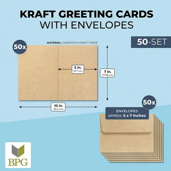 50 Pack Blank A7 Kraft Paper Cards and Envelopes, All Occasion 5x7 Note Cards for Invitations, Open When Letters Brown {6}