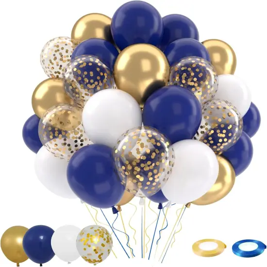 Navy Blue Gold Balloons Set, 50 pcs 12 inch Metallic Gold Navy Blue White Confetti Latex Balloons Kit {1}