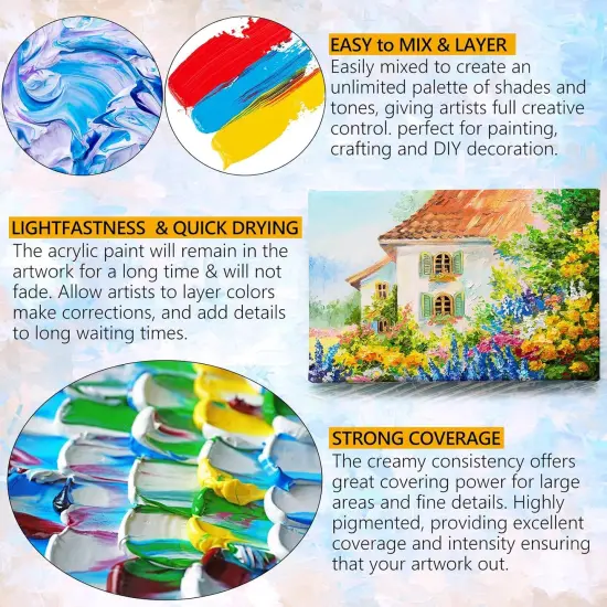 Acrylic Paint Set, 50 Colors Acrylic Paint with Brushes, 2oz Bottles, Rich Pigments Paint for Artists Kids & Adults, Art Supplies for Canvas Rock Ceramic Wood Painting {4}