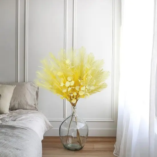 28" Faux Pampas Grass Plume Yellow Faux Fluffy Pampas Grass Bulk Silk Flowers with Eucalyptus Stems Filler for Floral Arrangment {4}