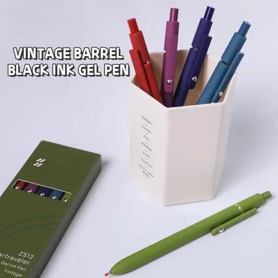 Gel Pens, 5 Pcs 0.5mm Black Ink Pens Fine Point Smooth Writing Pens with Silicone Grip, High-End Series Metal Clip Retractable Pens for Journaling Note Taking (Vintage) {5}