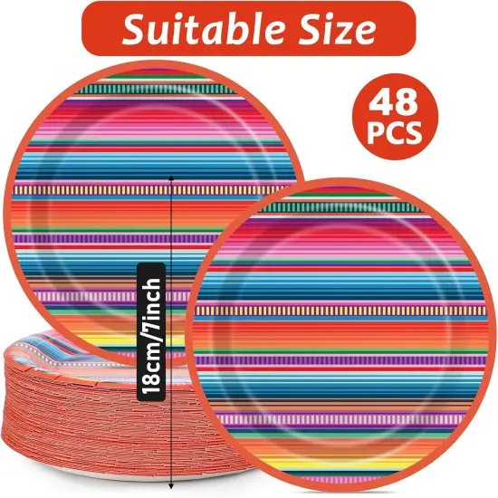 48PCS Mexican Serape Fiesta Paper Plates 7" Disposable Fiesta Party Platters, Mexico Stripes Dessert Plates Supplies Decor for Cinco De Mayo Dance Pinata Taco Colorful Ponchos Cook Dinner Tableware {2}