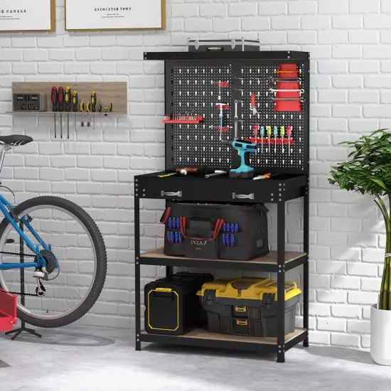 Freestanding Tool Storage Workbench with Pegboard with 14 Hanging Accessories and 2 Drawers Black and Red {2}