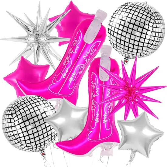 10 Pcs Pink Cowgirl Boot Balloons, Foil Disco Cowgirl Balloons Western Cow Decorations, Cowgirl Party Decorations for Birthday Party Last Rodeo Bachelorette Disco Western Cowgirl Theme Party Supplies {1}