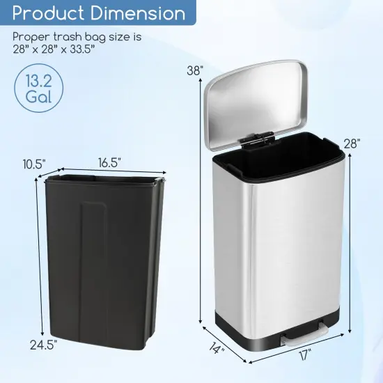 Silver Stainless Steel Soft-Close Trash Can with Pedal & Lid Lock {5}