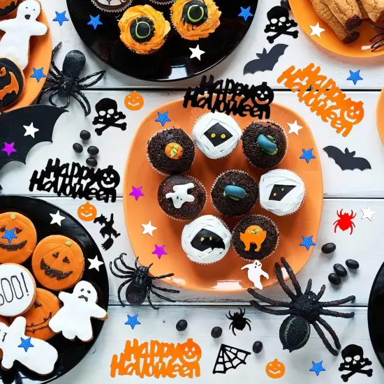 Halloween Party Table Scatter Confetti, Halloween Supplies Foil Metallic Sequins Confetti Trick Or Treat Party Sprinkles Confetti Decorations Pumpkin Bat Ghost Witch Skull Spider Decor, 60g {4}
