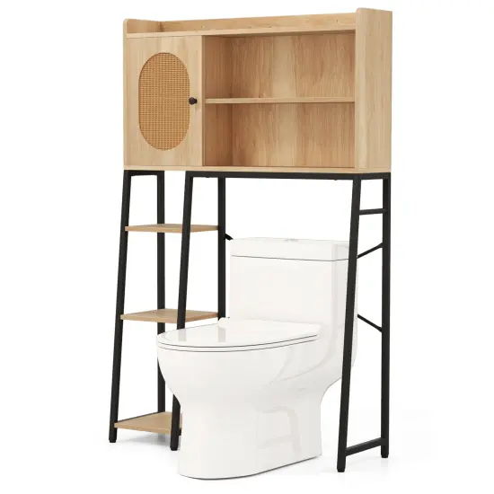 Natural PE Rattan and Engineered Wood Toilet Rack with Adjustable Shelves {1}