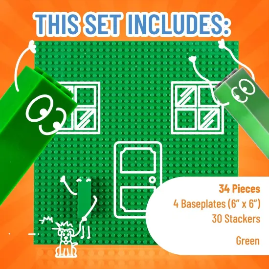 Strictly Briks Large Classic Stackable Baseplates, Building Bricks For Towers, Shelves, and More, 100% Compatible with All Major Brands, Green, 4 Base Plates & 30 Stackers, 10x10 Inches, Ages 3-14 {3}