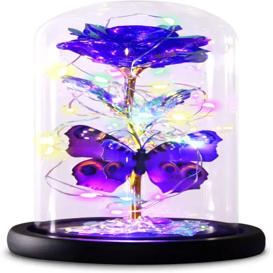 Valentines Rose Gifts for Her Birthday Flower Gift for Women, Galaxy Purple Butterfly Rose in Glass Dome, Light Up Forever Rose Birthday Gifts for Mom Anniversary Valentine's Day Eternal Rose Gift {1}