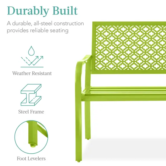 Best Choice Products Indoor Outdoor Steel Garden Bench w/ Geometric Backrest, Foot Levelers Lime Green {2}