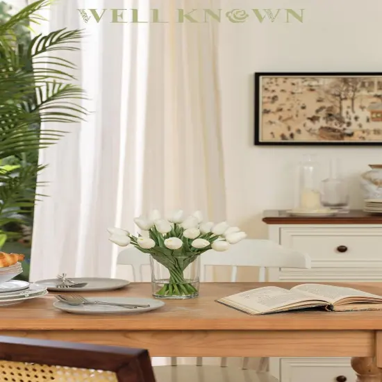 20 Pcs White Tulips Artificial Flowers in Vase, Fake Flowers in Glass Vase, Real Touch Fake Tulips Artificial Flowers in vase with Faux Water for Home Decoration, Dining Table {1}