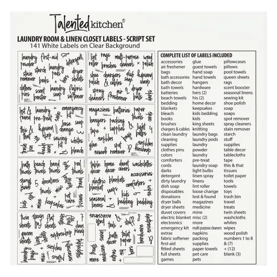 Talented Kitchen 141 Laundry Labels for Jars, Containers - Preprinted White Script Stickers for Linen Closet, Bathroom, Cleaning Supplies Organization (Water Resistant) {7}