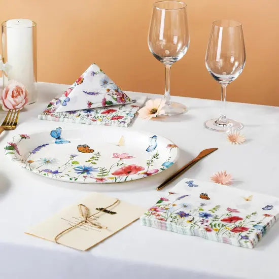 150 Pcs Floral Party Supplies, 50 Pcs Floral Paper Plates 11 Inch and 100 Pcs Wildflower Paper Napkins 13 Inch Butterfly Disposable Plates for Summer Tea Party {4}