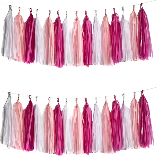Hot Pink Tassel Garland,Tissue Tassel Banner for Bachelorette Baby Showe Girl Barbie Party Decorations,Pack of 15 {1}