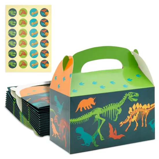 24 Pack Dinosaur Treat Boxes with Handle and Stickers - Dino Party Favors for Kids' Birthday Supplies (3.62 x 6.25 x 3.5 in) Green {1}