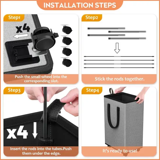 Laundry Basket with Wheels, Collapsible Laundry Baskets, Laundry Hamper with Handles Detachable Wheels, Rolling Laundry Basket, Dirty Clothes Hamper {2}