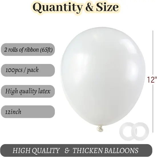 White Balloons 100 Pack 12 Inch White Latex Party Balloons with 2 Rolls of Ribbon Pastel White Helium Balloons for Wedding Birthday Party Baby Shower Engagement Anniversary Party Decorations {3}