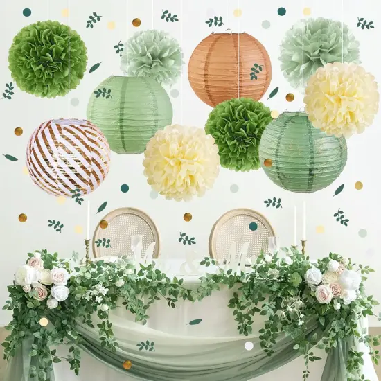 Sage Green Birthday Party Decorations Green Baby Shower Decor Olive Retro Beige Paper Lanterns Pom Poms Wedding Bridal Shower Hanging Paper Fans Birthday Ceiling Decorations for Classroom {2}